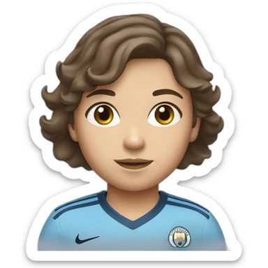 girl with short wavey brown hair and eyes wearing Manchester City football shirt sticker