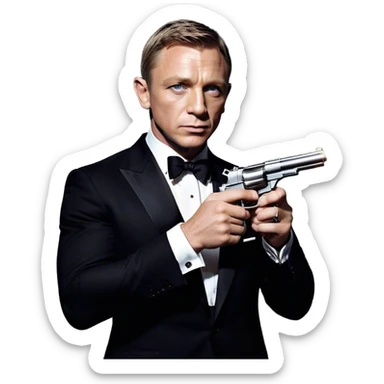 Cinematic Realistic James Bond Daniel Craig Portrait Emoji, depicted as the ultimate suave and enigmatic secret agent, donning a sharply tailored tuxedo, gripping a sleek handgun, with a piercing gaze that exudes confidence and danger. The scene is infused with moody, high-contrast cinematic lighting, evoking the thrilling world of espionage and intrigue. sticker