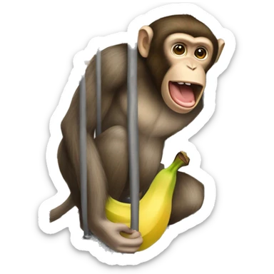 The monkey's outside. Banana inside the cage.  Monkey trying to get the banana out of the cage sticker