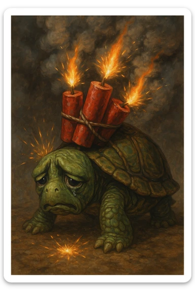 A green turtle with a sorrowful face, firecrackers tied to its back, the firecrackers are burning and the turtle looks hurt sticker