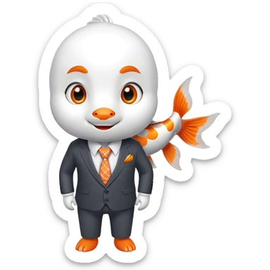 A charming and professional koi fish character, sleek rounded body with orange and white patterns, expressive eyes, friendly smile, wearing a neat business suit, white shirt, and tiny tie sticker