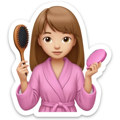 a girl with light skin and medium brown long hair with bangs who is brushing her hair with a hairbrush and she is wearing a light pink bathrobe sticker