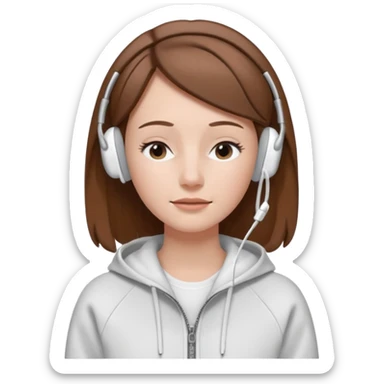 A clean, minimal emoji-style illustration of a white girl with brown hair worn loose. Her eyes are closed while listening to music with silver AirPods Max. She’s wearing a white zip-up hoodie. Smooth 3D emoji style, soft lighting, neutral tones. sticker