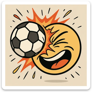 a soccer ball smashing into a smiley face, dynamic impact, expressive, cartoon style, vibrant colors, bold outlines, energetic, playful, fun, animated, lively expression sticker
