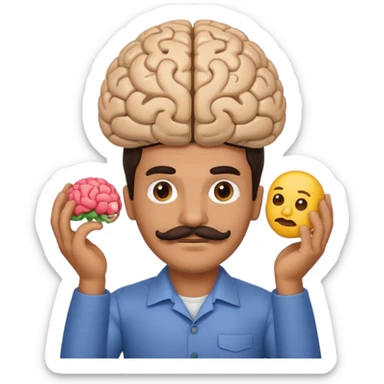 mustachioed man with dark hair holding a brain as an emoji no curl to mustache  sticker