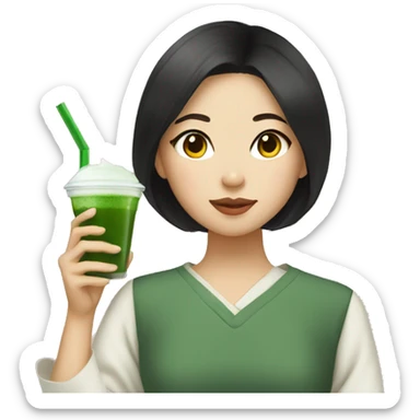Asian girl with light skin dark hair drinking matcha  sticker