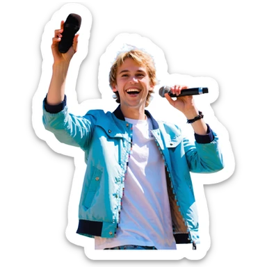 Pixel art style, expressive male performer, Caucasian features, short sandy blonde hair, lively eyes, wide cheerful smile, wearing a sky blue jacket over white tee, tossing a microphone in one hand, waist-up, front-facing sticker