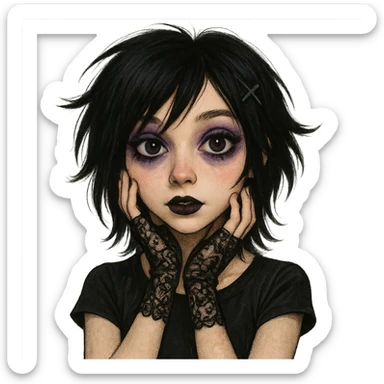 emo girl with heart-shaped face, purple eyeshadow, lace gloves, expressive eyes sticker