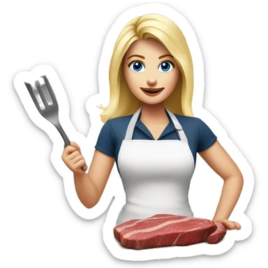 Beautiful blonde blue eyed woman cooking steak sticker