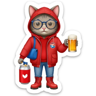 Catfish in red winter jacket with hood, round glasses, blue jeans, red boots, holding a beer can with red label sticker