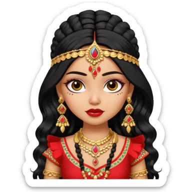 a pretty bratz fair indian girl wearing a red indian wedding outfit,  golden jewellery, black wavy hair sticker