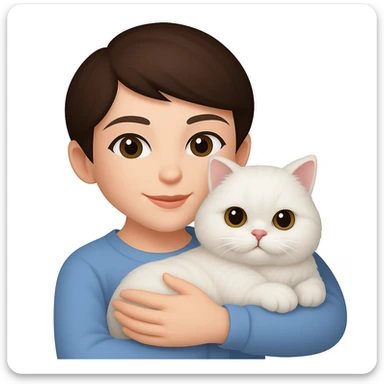 Brunette woman snuggling white Persian cat, emoji style, with a pixie cut sticker