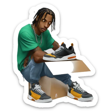 travis scott de pie con unos sneakers con su caja en la mano sticker