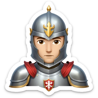 Clash of Clans aesthetic friendly Knight Portrait Emoji, With a noble, armored build featuring a gleaming suit adorned with simple heraldry and a determined gaze behind a visored helm, his face rendered in a natural skin tone (not yellow), Simplified yet dynamic features, highly detailed, glowing with a cool, steely radiance, high shine, courageous and resolute, stylized with an air of chivalric valor, focused and stalwart, soft glowing outline, capturing the essence of a valiant knight ready to charge into epic quests with honor! sticker