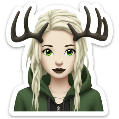 Portrait of a woman with pale skin, green eyes, black dreadlocks, eyeliner, deer antlers, punk, grunge sticker