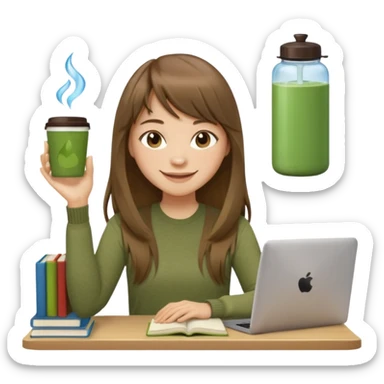 a designer with light skin long brown hair bangs waving, stack of books, coffee cup on top, water bottle, computer, matcha, no glasses sticker