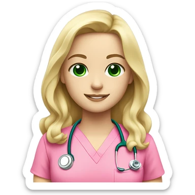 pale blonde girl with long wavy hair and green eyes wearing pink scrubs and stethoscope  sticker