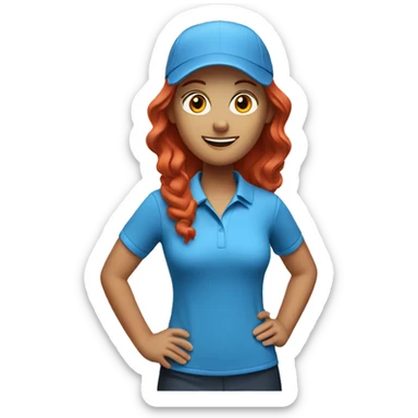 a female golf coach with red hair, blue shirt sticker