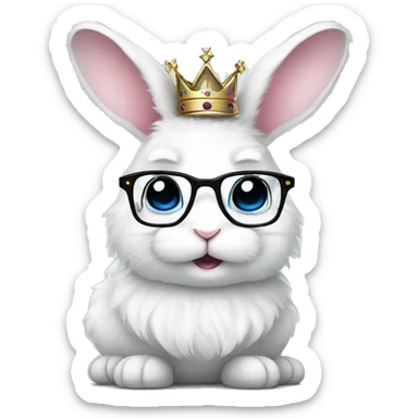cute super fluffy white bunny with glasses wearing a crown sticker