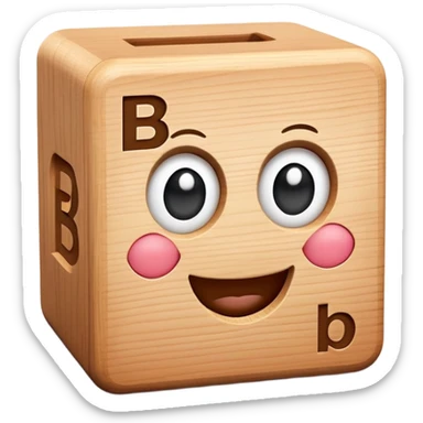 A wooden letter B block toy with adorable eyes and a happy expression sticker