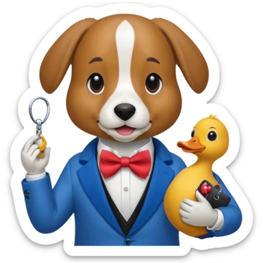 A dog holding keys in one hand and a duck in the other, all with a half-red, half-blue bow tie. sticker