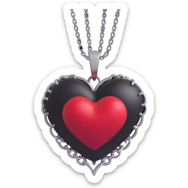 3D emoji gothic heart, black satin texture, silver chain wrap, blood red gem sticker