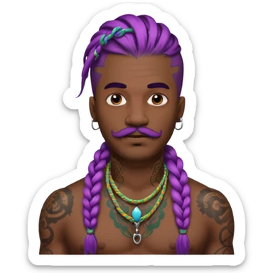 big lose braids starting from the top of the head man with mustache face wiith big visible braids and lots and lots of face tattoos colored tattoos like a tattoo artist hair unique color sticker