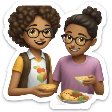 Boy with Brown slightly Curly Hair kisses a Girl with dark Brown Medium leght hair that reaches to the shoulder with glasses heile eating sticker