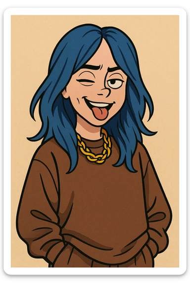 cartoon style portrait of Billie Eilish with blue hair, baggy clothes, playful expression sticker