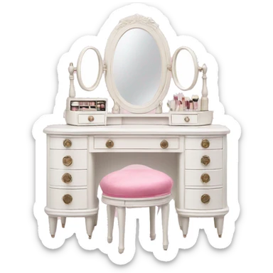 white vintage makeup vanity with pink accessories sticker