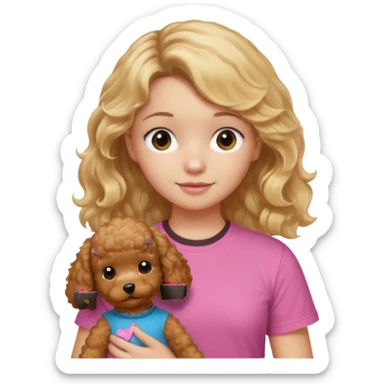 hazme un emoji que sea una niña rubi con el pelo ondulado i una camiseta rosa que ponga brownie, i acariciando a un perro (caniche toy) si pero con el pelo mas largo i no tan rubia el pelo marron i no rubia sticker