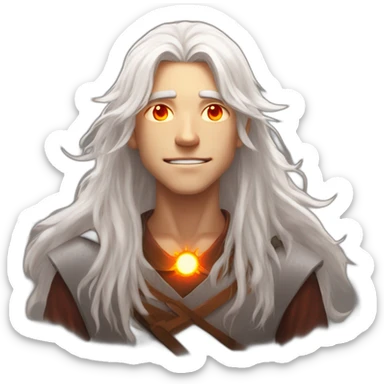 white haired boy with orange-red eyes, glowing eyes, very long hair, he has powers of the sun god, teeange boy, 15 years old sticker