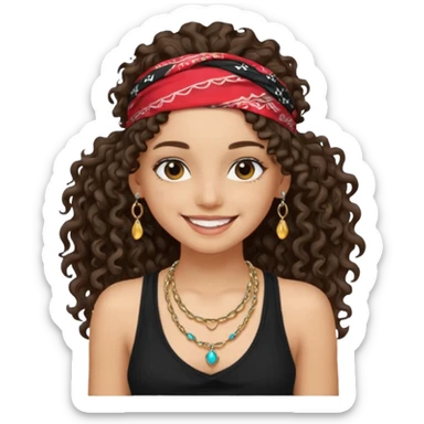 Baddie girl with black  tank top long  curly hairss and bandana and jwellery face only not body sticker