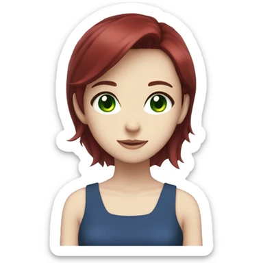 A anime girl with dark red hair and green eyes wearing a blue dress sticker