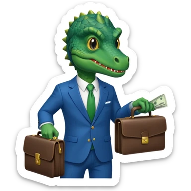 reptilian in a blue suit holding cash and a briefcase sticker