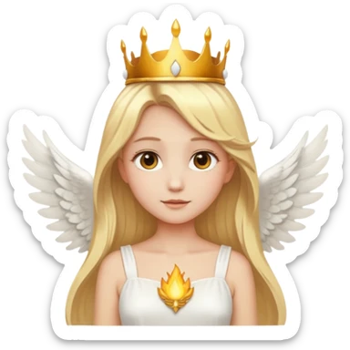 Emoji-style angel: blonde hair, golden flame-like crown, golden halo, large detailed white wings, white dress, soft cute emoji aesthetic. sticker