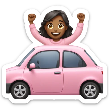 smiling girl in sweater in pink car arms up  sticker