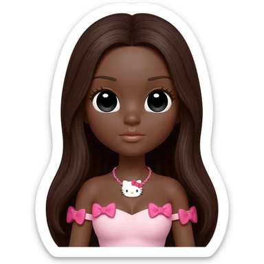 hello kitty necklace, doll eyes, Doll, big chest, dark brown skin, with middle part long dark brunette hair,  black cute eyes, pink bows with cute lips sticker