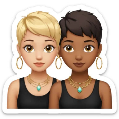 Do two best friend emojis one brown skin one fair skin with pixie cuts with big hoop earrings and gold necklace wearing black and lash extension sticker