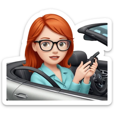 Red head girl with glasses driving fast in a Mercedes convertible sticker