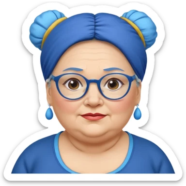 fat old woman with blue big bun hair and glassess and headband, no earrings sticker
