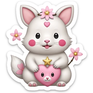 GENERATE ME A MOMONGA WHITE ANIMAL  FROM CHIIKAWA AND PUT A SAKURA FLOWER ON HIS HEAD AND A STAR PELT ON HIS BELLY AND A HEART PURSE ON HIS ARM WITH HIS FACE MAKE HIS TOUNGE STICK OUT WITH A LITTLEPINCH OFDROOL AND MAKE HIM ANIME  sticker