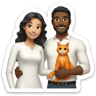 a happy light-brown woman with black hair and a happy brown man with brown hair in white long sleeve are family and holding an orange cat sticker