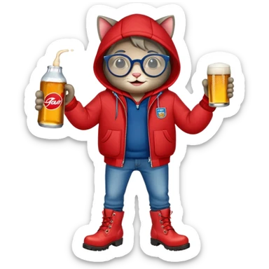 Catfish in red winter jacket with hood, round glasses, blue jeans, red boots, holding a beer can with red label sticker