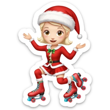 Create an emoji-style illustration of a female roller skater wearing roller skates and a Mrs. Claus (Mama Noel) outfit. The style should be cute, expressive, colorful, and clear at small sizes, with simple lines, soft shading, and a festive Christmas vibe. sticker