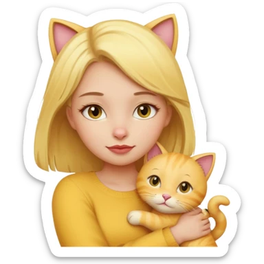 Sarışın elinde kedi olan ve hafif ruj ve rimel sürmüş sarı kedisine sarılan bir kız sticker