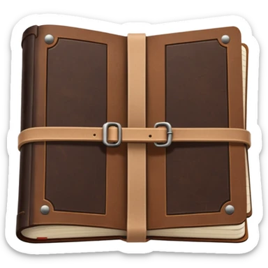 a leather-bound journal, dark brown, wraparound strap, vintage look sticker