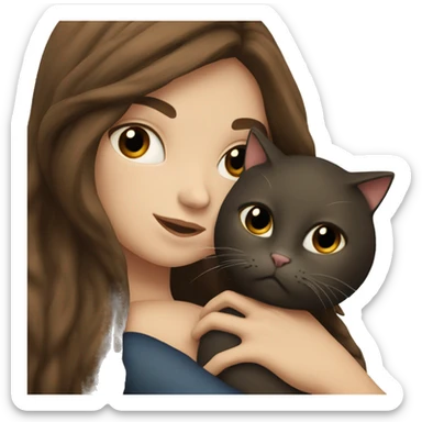 white woman with very long brown hair and  hugging a black cat sticker