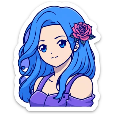 head portrait of anime girl with long dark blue hair, blue rose in hair, blue eyes, JoJo's Bizarre Adventure art style, dramatic look, head only sticker