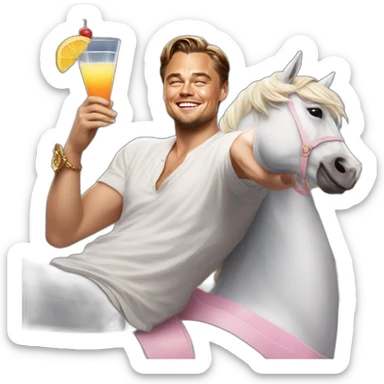 Leonardo DiCaprio smiling, raising a glass of cocktail and sitting on a unicorn sticker